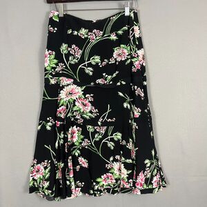CAbi Flared Skirt Womens 0 Black Multicolor Floral Print Boho Cottagecore Church
